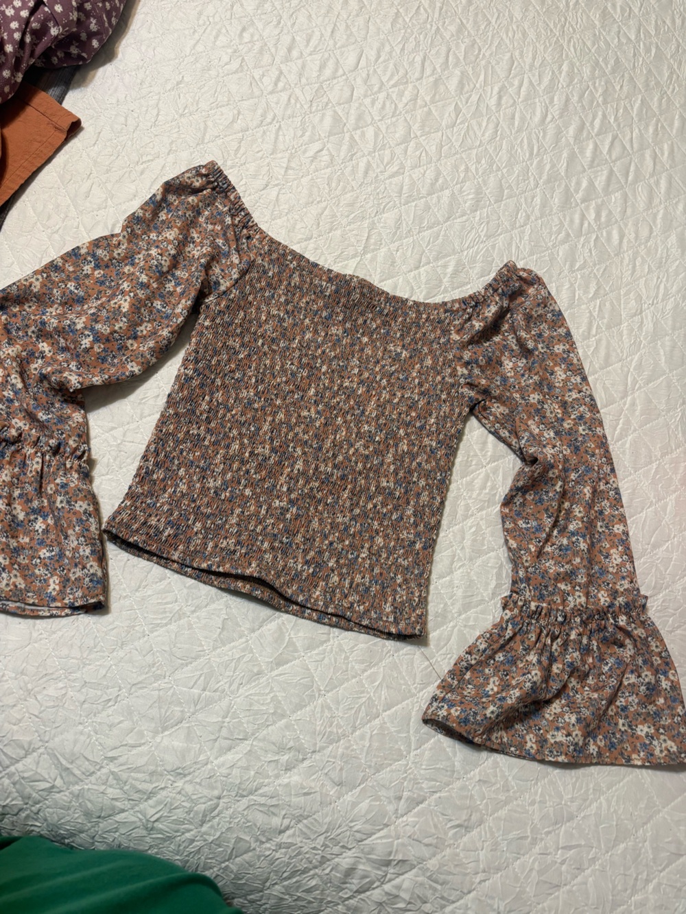 Willow + Root Brown Floral Smocked Puff-Sleeve Top